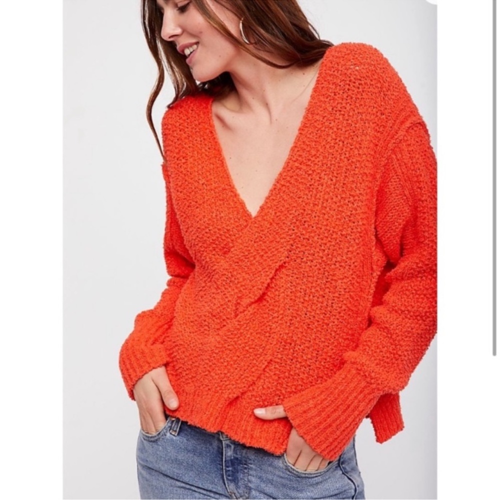 Free People Coco V Neck Knit Sweater in Orange Size XS